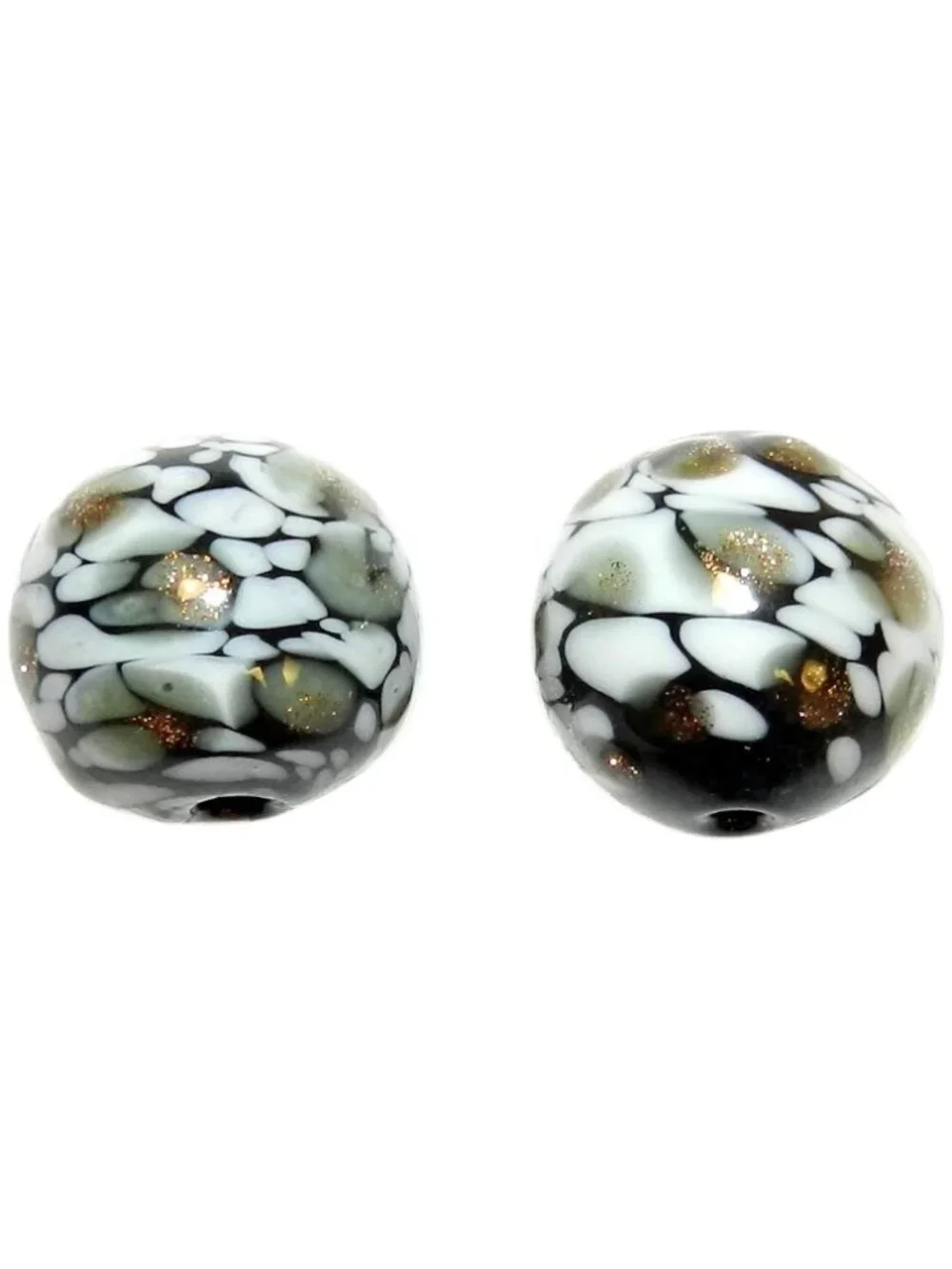 G4281 Black w White & Copper Sparkles 15mm Round Blown Lampworked Glass Bead 2pc